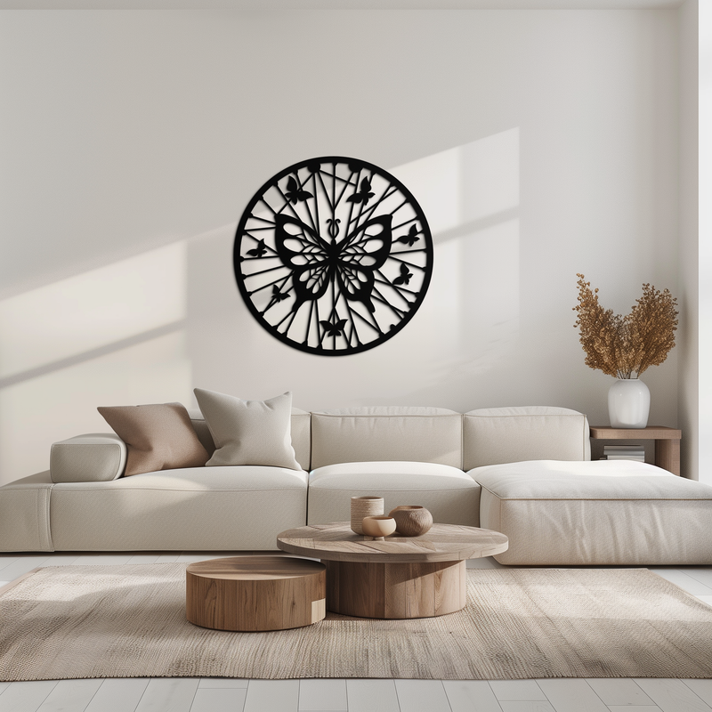 Butterfly Mandala Round Metal Wall Art - Elegant Circle Butterfly Silhouette for Home Decor- KAF322
