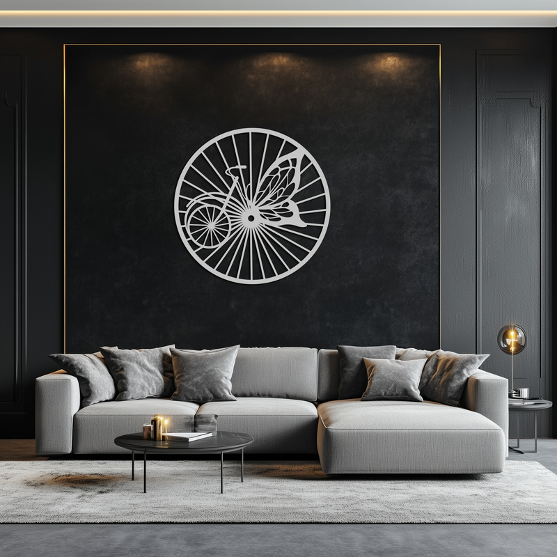Butterfly Wheel Bicycle Silhouette Metal Wall Art - Elegant Round Nature-Inspired Decor- KAF323