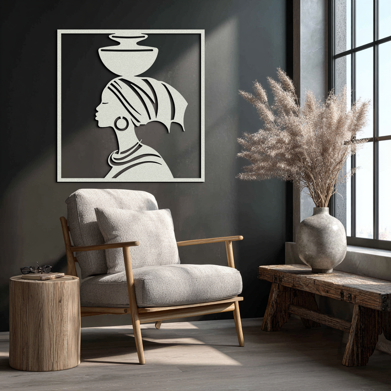 African Woman Metal Wall Art – Elegant Tribal Silhouette Steel Decor for Cultural and Boho Interiors- KAF338