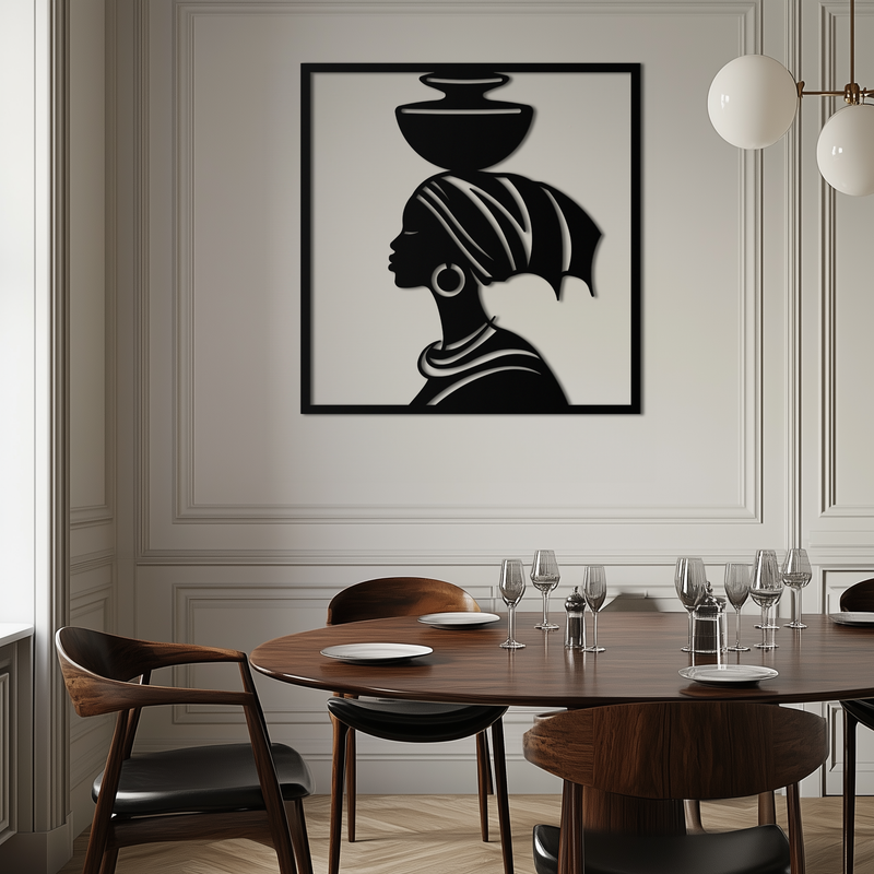 African Woman Metal Wall Art – Elegant Tribal Silhouette Steel Decor for Cultural and Boho Interiors- KAF338