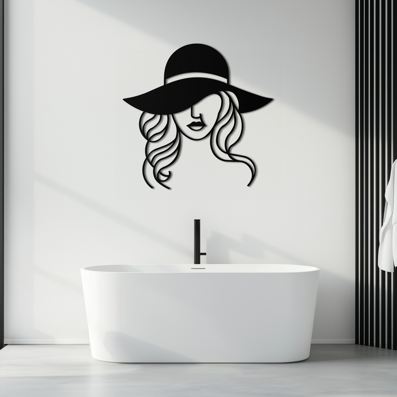 Hat Woman Metal Wall Art – Elegant Female Silhouette Steel Decor with Wide Brim Hat- KAF341
