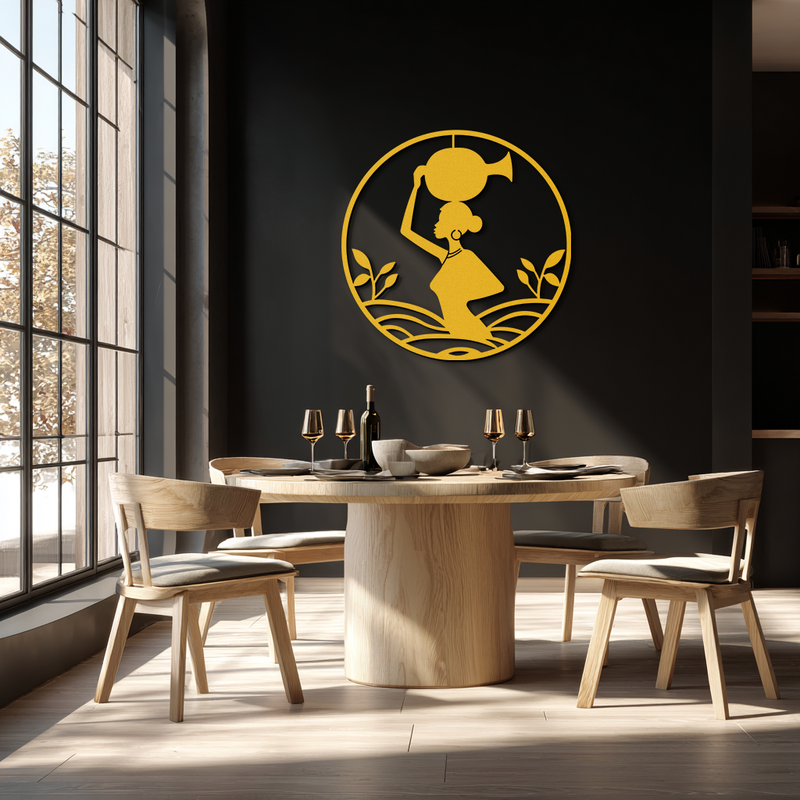 African Woman Carrying Vase Metal Wall Art – Tribal Silhouette Steel Decor for Cultural and Ethnic Interiors- KAF342