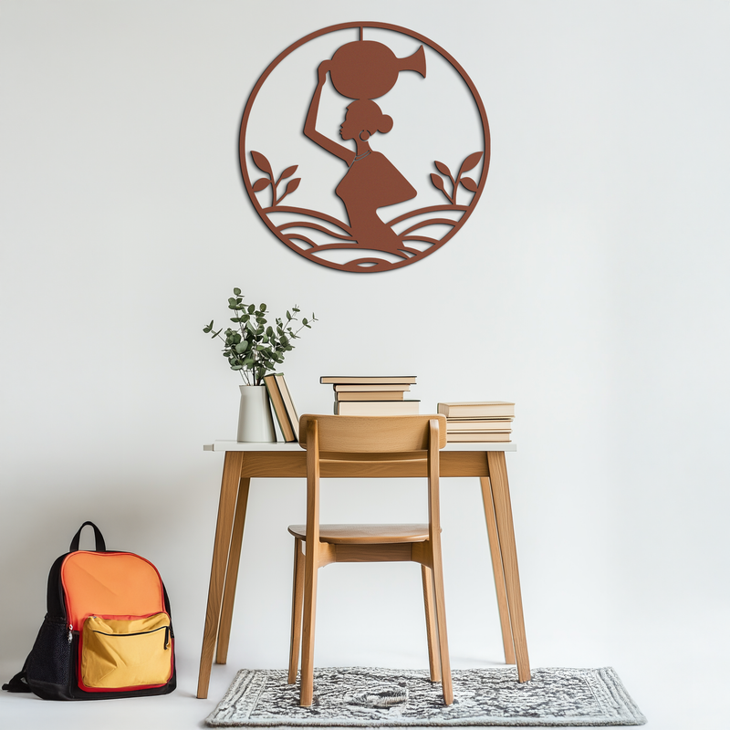 African Woman Carrying Vase Metal Wall Art – Tribal Silhouette Steel Decor for Cultural and Ethnic Interiors- KAF342