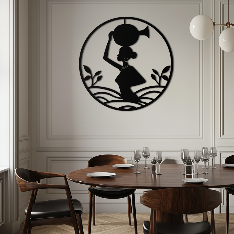 African Woman Carrying Vase Metal Wall Art – Tribal Silhouette Steel Decor for Cultural and Ethnic Interiors- KAF342