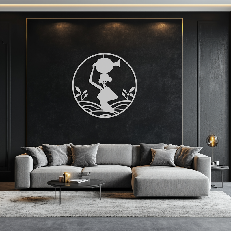 African Woman Carrying Vase Metal Wall Art – Tribal Silhouette Steel Decor for Cultural and Ethnic Interiors- KAF342