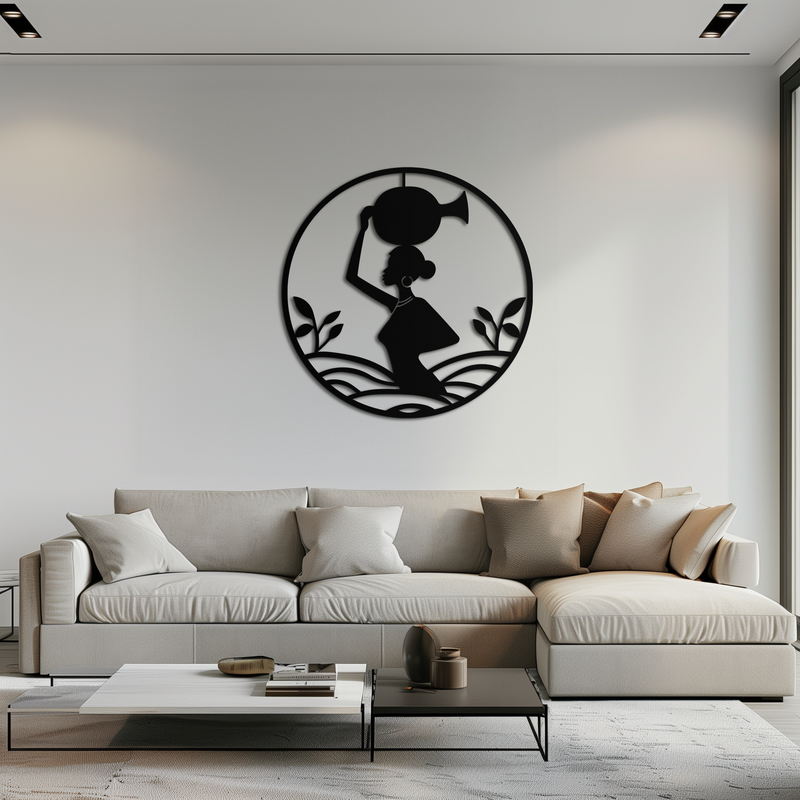 African Woman Carrying Vase Metal Wall Art – Tribal Silhouette Steel Decor for Cultural and Ethnic Interiors- KAF342