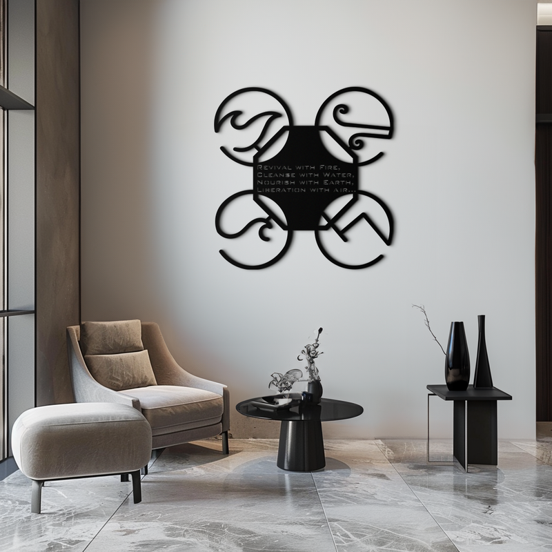 Four Elements Motto Metal Wall Art – Earth, Air, Fire, Water Steel Silhouette for Modern Spiritual Decor- KAF344