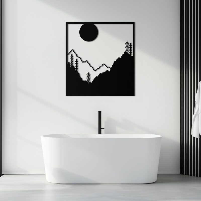 Moonlit Mountain Landscape Metal Wall Art – Modern Square Forest Scene Silhouette for Rustic Nature Decor- KAF346