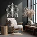 Ornate Compass Rose Metal Wall Art – Decorative Matte Black Steel with Feathers for Nautical and Boho Decor- KAF347