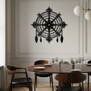 Ornate Compass Rose Metal Wall Art – Decorative Matte Black Steel with Feathers for Nautical and Boho Decor- KAF347