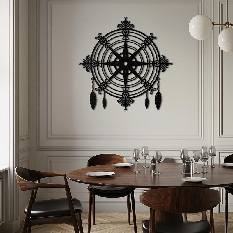 Ornate Compass Rose Metal Wall Art – Decorative Matte Black Steel with Feathers for Nautical and Boho Decor- KAF347