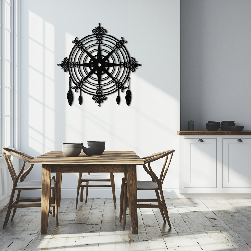 Ornate Compass Rose Metal Wall Art – Decorative Matte Black Steel with Feathers for Nautical and Boho Decor- KAF347