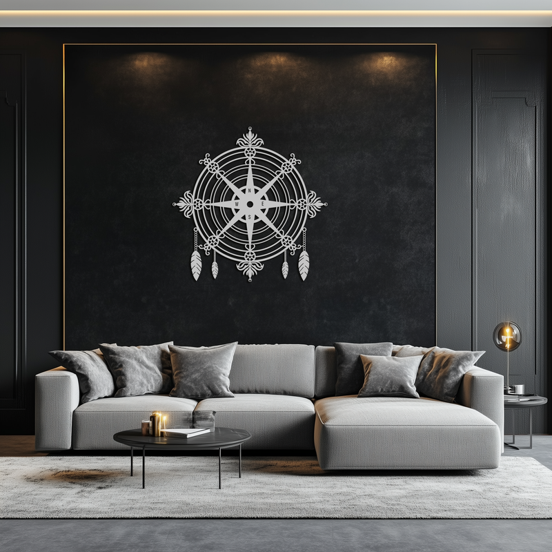 Ornate Compass Rose Metal Wall Art – Decorative Matte Black Steel with Feathers for Nautical and Boho Decor- KAF347