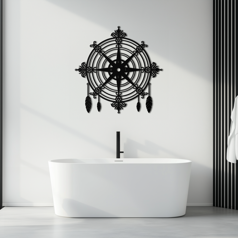 Ornate Compass Rose Metal Wall Art – Decorative Matte Black Steel with Feathers for Nautical and Boho Decor- KAF347