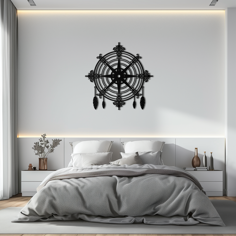 Ornate Compass Rose Metal Wall Art – Decorative Matte Black Steel with Feathers for Nautical and Boho Decor- KAF347