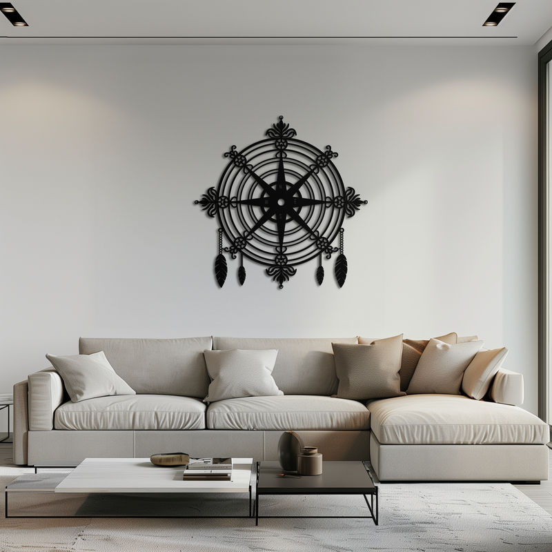 Ornate Compass Rose Metal Wall Art – Decorative Matte Black Steel with Feathers for Nautical and Boho Decor- KAF347