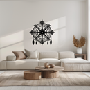 Ornate Compass Rose Metal Wall Art – Decorative Matte Black Steel with Feathers for Nautical and Boho Decor- KAF347