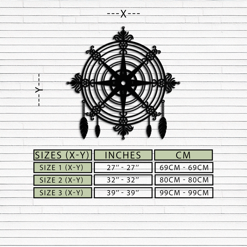 Ornate Compass Rose Metal Wall Art – Decorative Matte Black Steel with Feathers for Nautical and Boho Decor- KAF347