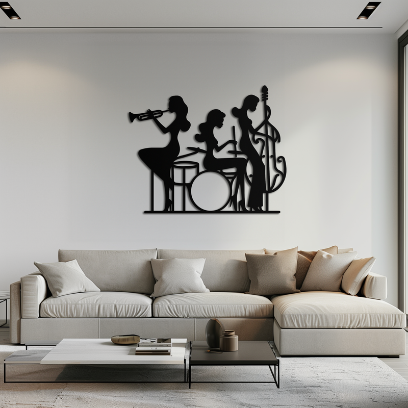 Jazz Trio Women Metal Wall Art – Musical Female Silhouette Band Playing Instruments in Black Steel- KAF349