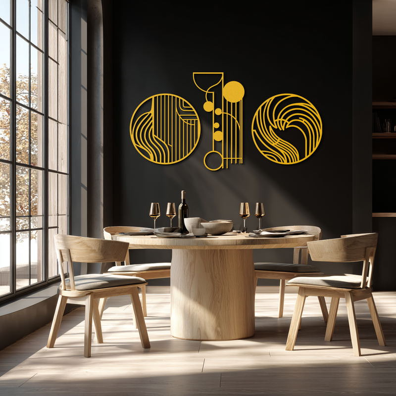 Abstract Geometric Trio Metal Wall Art – Modern Circle and Line Patterned Minimalist Steel Decor Set- KAF351