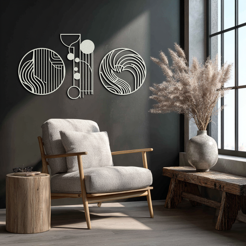 Abstract Geometric Trio Metal Wall Art – Modern Circle and Line Patterned Minimalist Steel Decor Set- KAF351