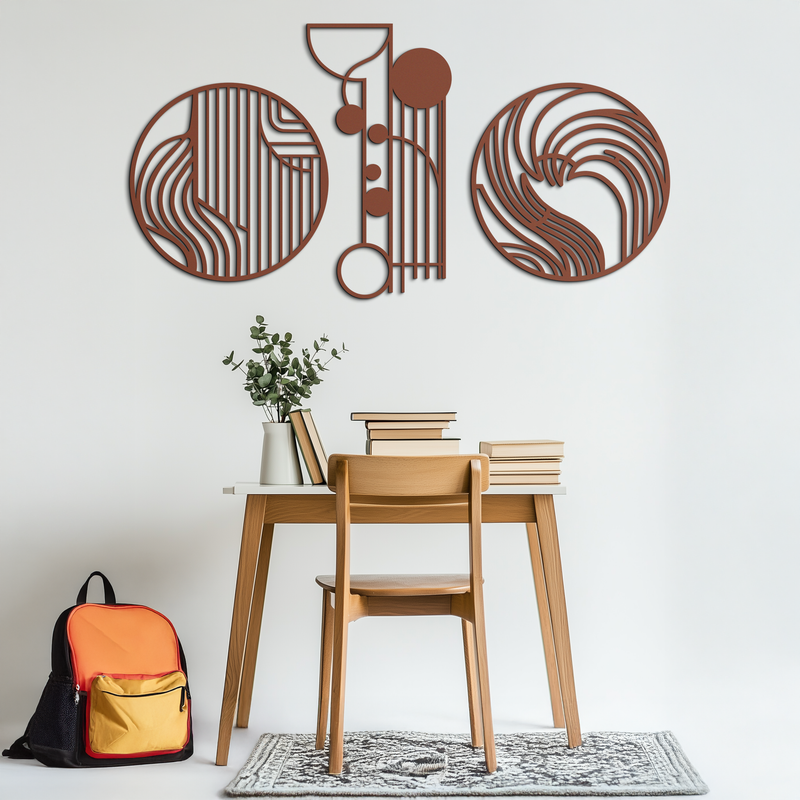Abstract Geometric Trio Metal Wall Art – Modern Circle and Line Patterned Minimalist Steel Decor Set- KAF351