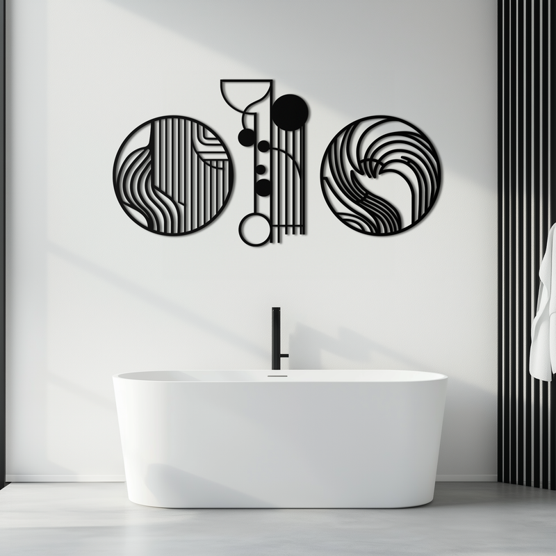 Abstract Geometric Trio Metal Wall Art – Modern Circle and Line Patterned Minimalist Steel Decor Set- KAF351