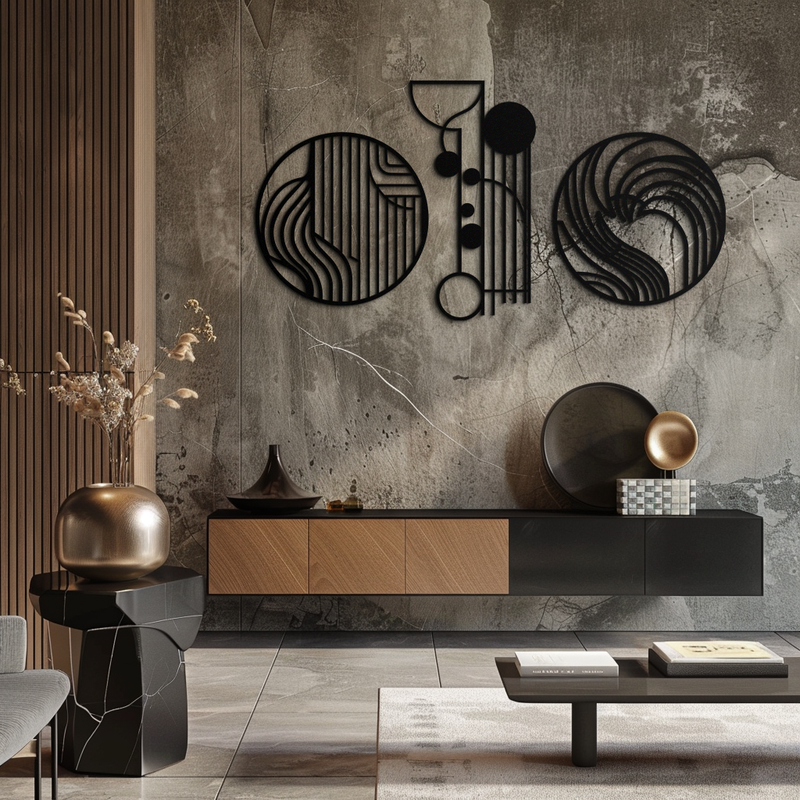 Abstract Geometric Trio Metal Wall Art – Modern Circle and Line Patterned Minimalist Steel Decor Set- KAF351