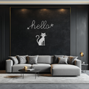 Hello Cat Metal Wall Art – Whimsical Welcome Sign with Cat Silhouette for Entryway or Living Room- KAF352