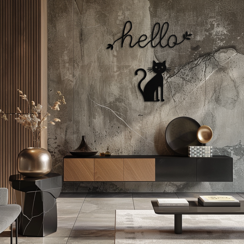 Hello Cat Metal Wall Art – Whimsical Welcome Sign with Cat Silhouette for Entryway or Living Room- KAF352