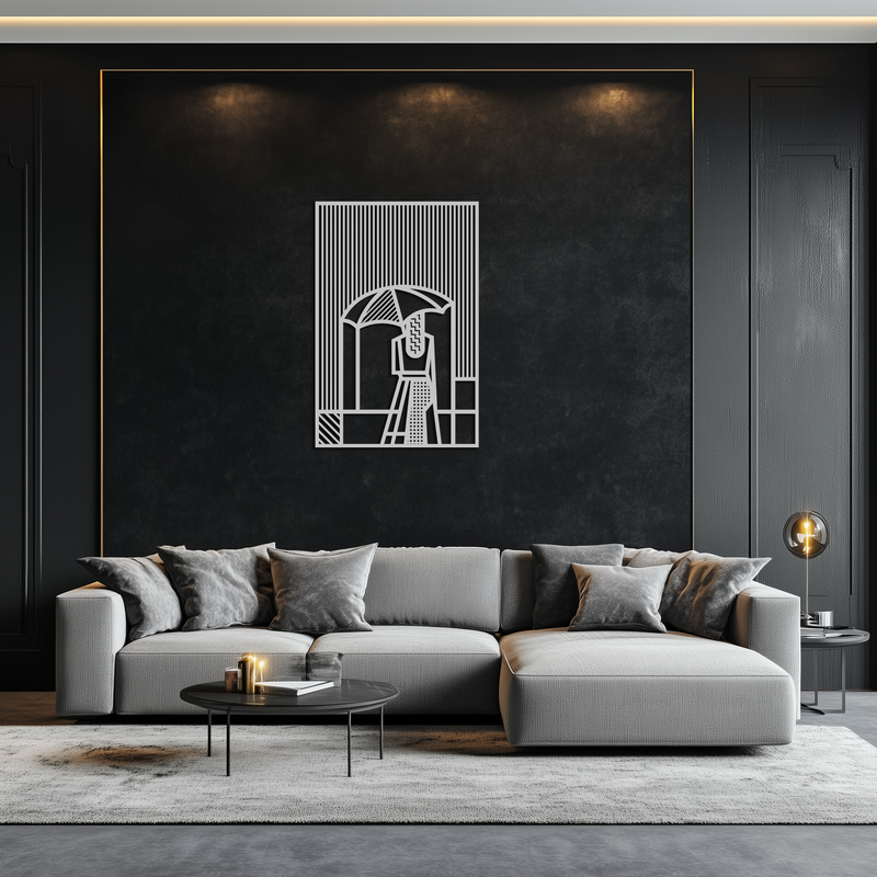 Woman with Umbrella Abstract Metal Wall Art – Modern Rainy Day Silhouette Steel Decor- KAF354