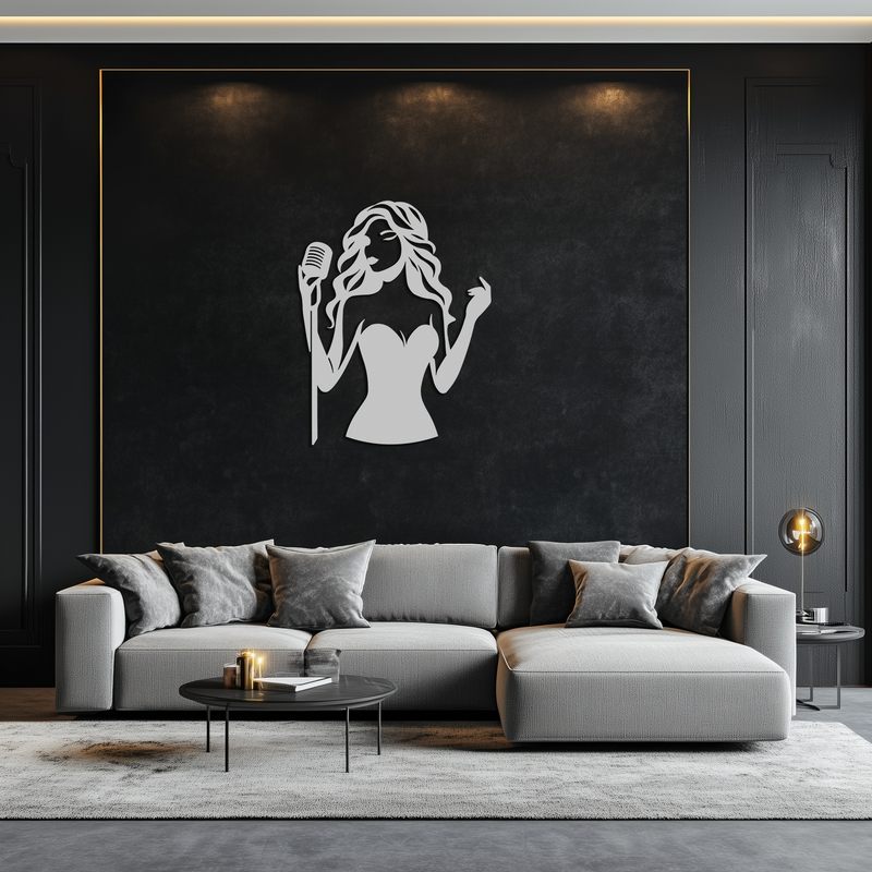 Jazz Singer Silhouette Metal Wall Art – Elegant Female Vocalist with Microphone for Modern Music Decor- KAF355