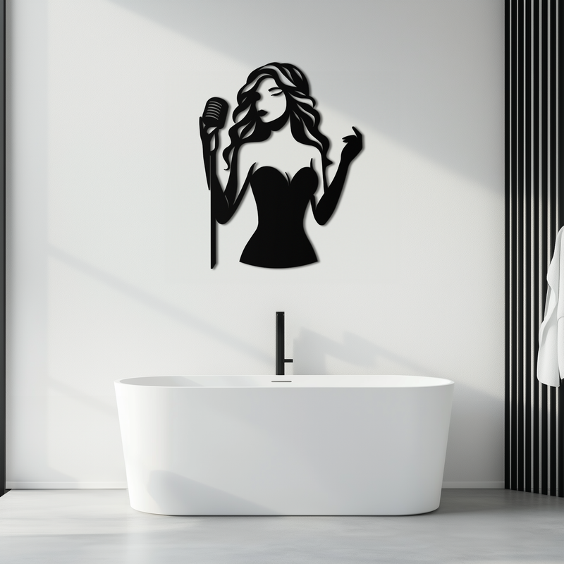 Jazz Singer Silhouette Metal Wall Art – Elegant Female Vocalist with Microphone for Modern Music Decor- KAF355