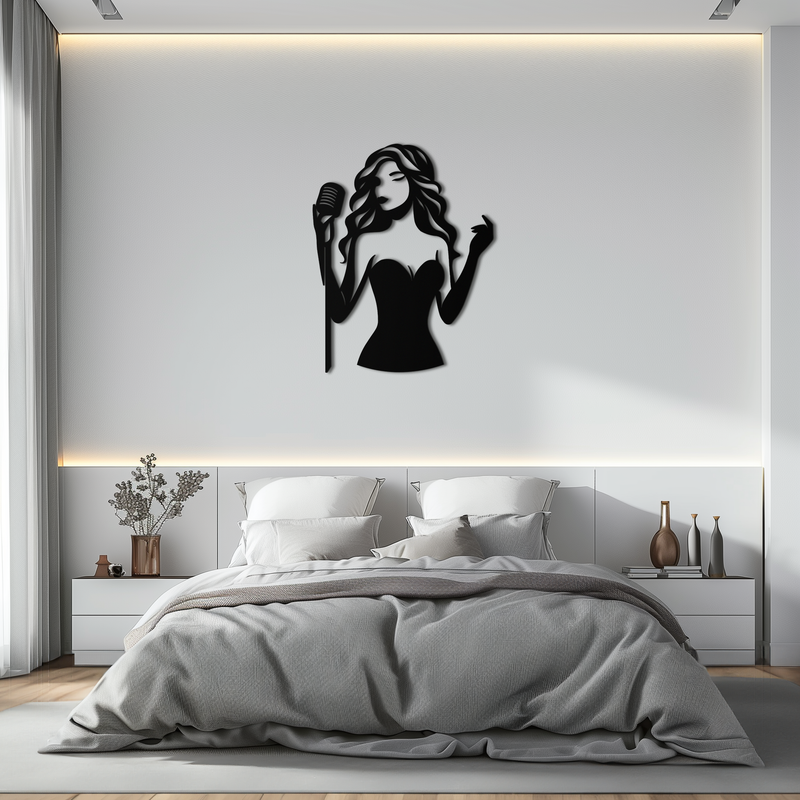 Jazz Singer Silhouette Metal Wall Art – Elegant Female Vocalist with Microphone for Modern Music Decor- KAF355