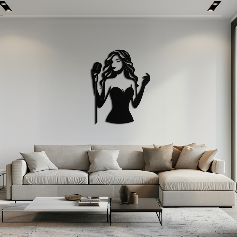 Jazz Singer Silhouette Metal Wall Art – Elegant Female Vocalist with Microphone for Modern Music Decor- KAF355