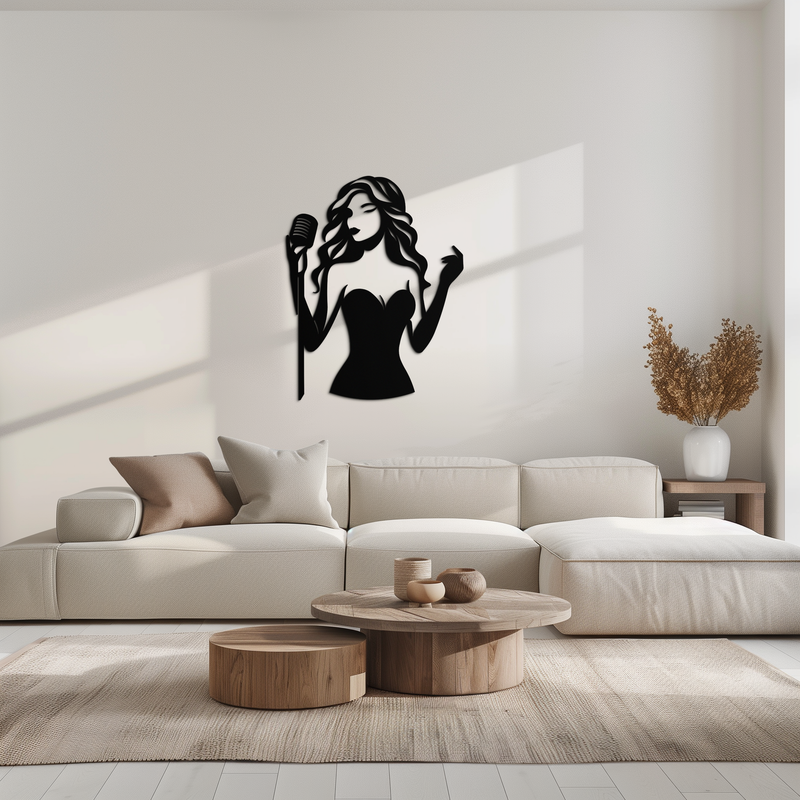 Jazz Singer Silhouette Metal Wall Art – Elegant Female Vocalist with Microphone for Modern Music Decor- KAF355