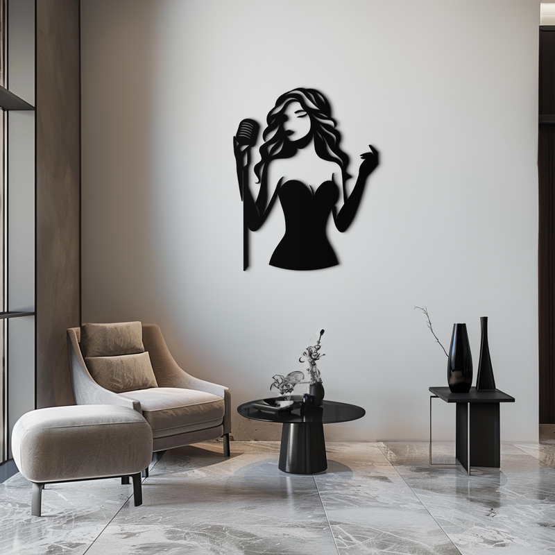 Jazz Singer Silhouette Metal Wall Art – Elegant Female Vocalist with Microphone for Modern Music Decor- KAF355