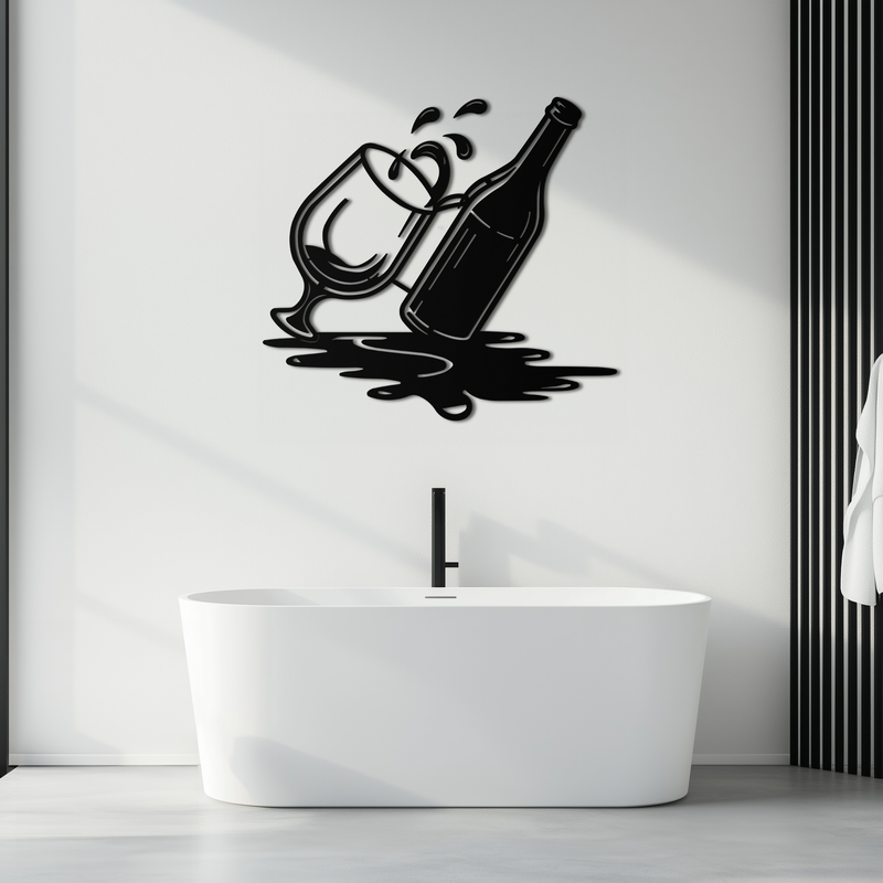 Wine Bottle and Glass Metal Wall Art – Modern Bar Decor with Splash Effect for Kitchen or Lounge Spaces- KAF356