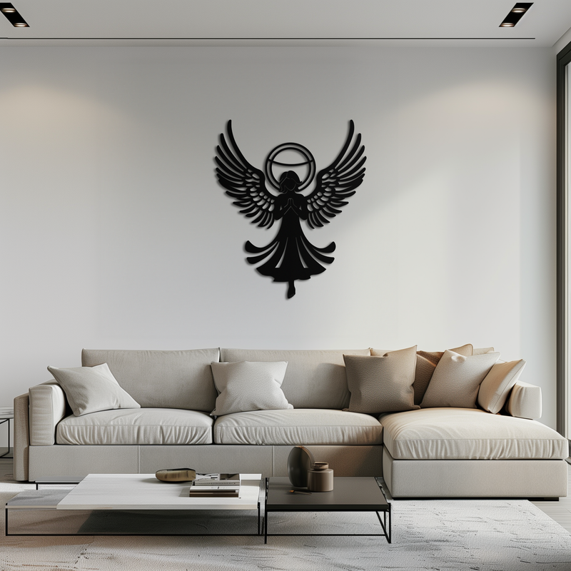 Guardian Angel Metal Wall Art – Spiritual Angel Silhouette with Halo for Home Blessing Decor- KAF359