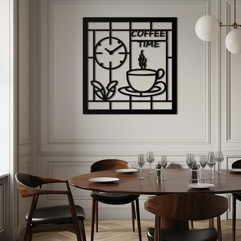 Coffee Time Metal Wall Art – Coffee Cup and Clock Design for Kitchen and Cafe Decor- KAF360