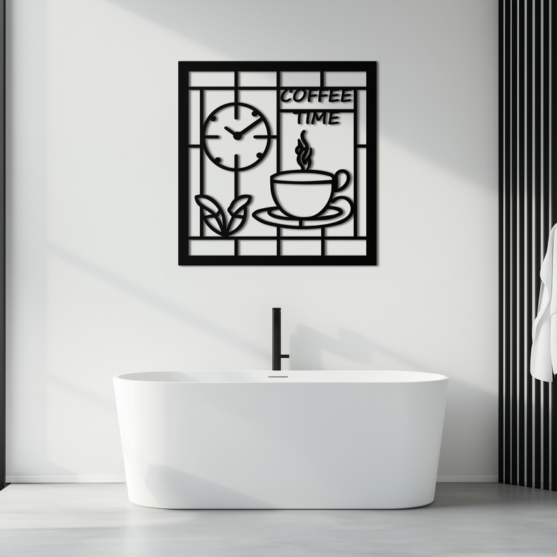 Coffee Time Metal Wall Art – Coffee Cup and Clock Design for Kitchen and Cafe Decor- KAF360