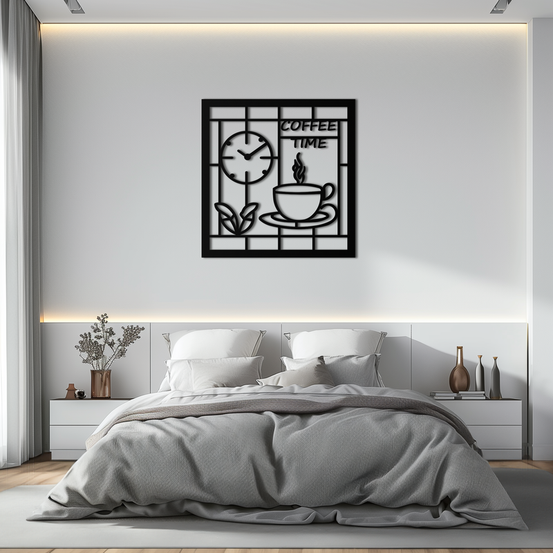 Coffee Time Metal Wall Art – Coffee Cup and Clock Design for Kitchen and Cafe Decor- KAF360