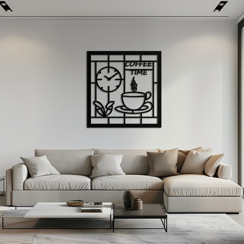 Coffee Time Metal Wall Art – Coffee Cup and Clock Design for Kitchen and Cafe Decor- KAF360