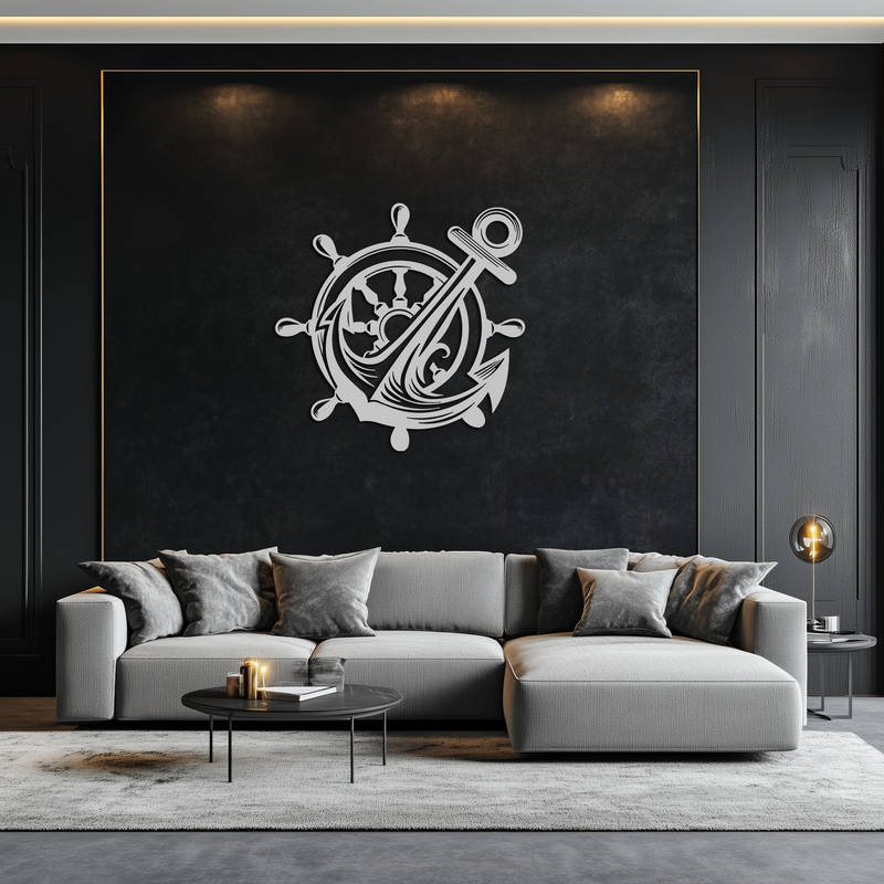 Anchor and Ship Wheel Metal Wall Art – Nautical Steel Decor for Sea Lovers- KAF368