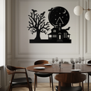 Haunted House and Bat Halloween Metal Wall Art – Spooky Full Moon Scene in Matte Black- KAF370