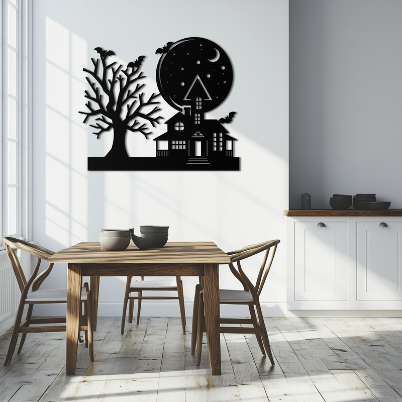 Haunted House and Bat Halloween Metal Wall Art – Spooky Full Moon Scene in Matte Black- KAF370