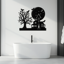 Haunted House and Bat Halloween Metal Wall Art – Spooky Full Moon Scene in Matte Black- KAF370