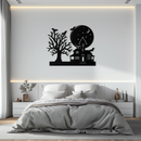 Haunted House and Bat Halloween Metal Wall Art – Spooky Full Moon Scene in Matte Black- KAF370