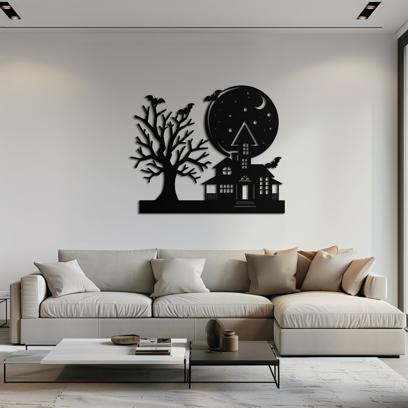 Haunted House and Bat Halloween Metal Wall Art – Spooky Full Moon Scene in Matte Black- KAF370