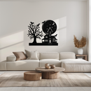 Haunted House and Bat Halloween Metal Wall Art – Spooky Full Moon Scene in Matte Black- KAF370